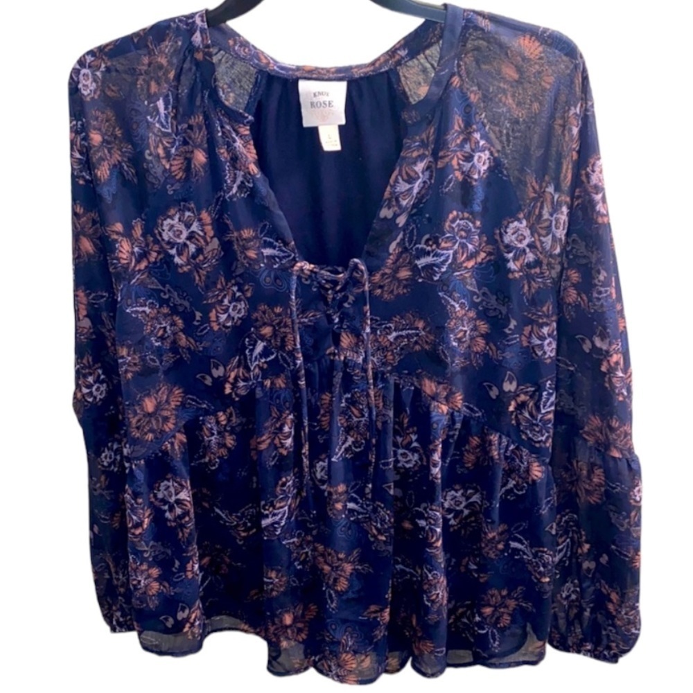 KNOX Rose Long Sheer Sleeve Boho Flowy Lace Up Navy Blue Peasant Blouse Top L